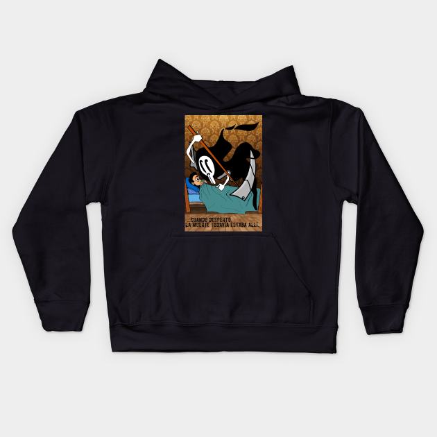 cuando despertó la muerte todavía estaba allí, the death standing still ecopop microtale art Kids Hoodie by jorge_lebeau